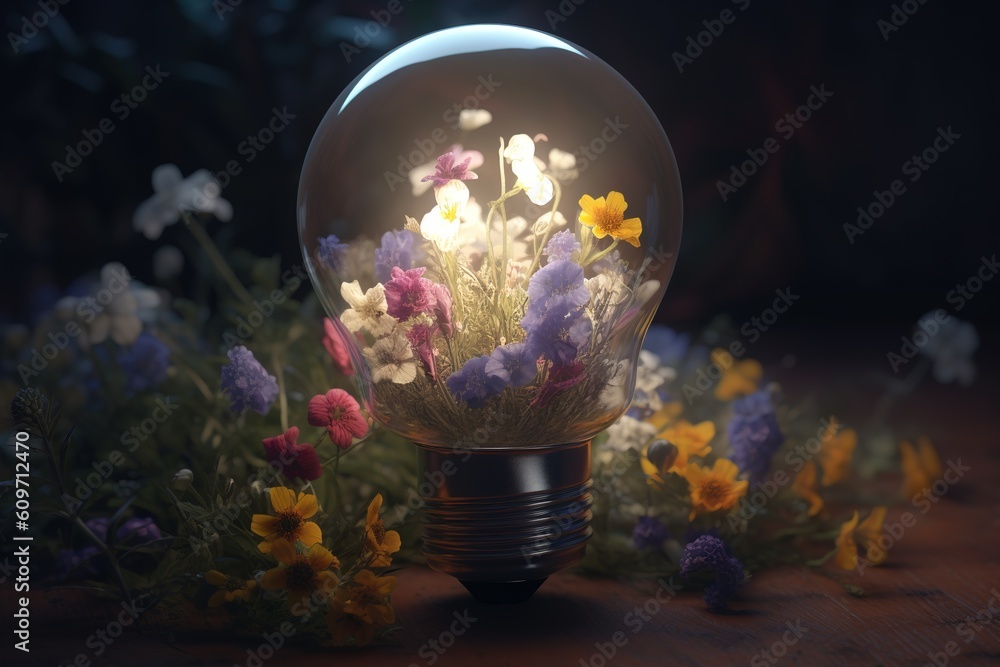 Poster a light bulb that has been decorated with flowers and is placed on top of a table generative ai