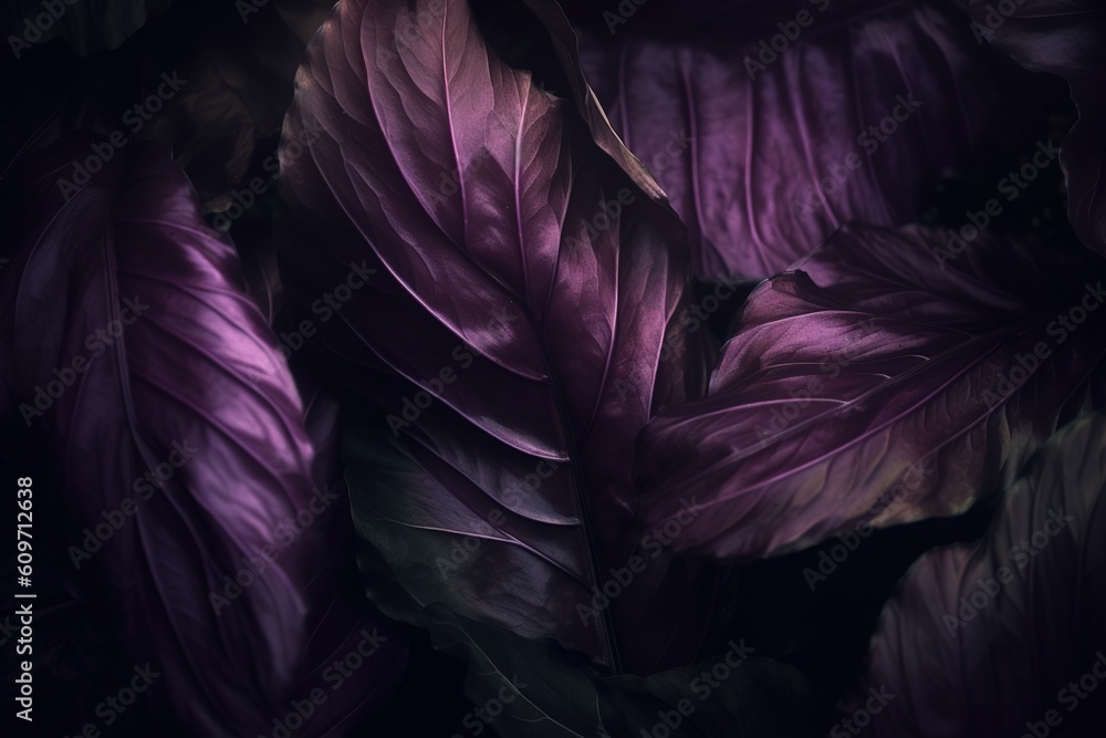 Poster an up-close view of few violet leaves on a dark backdrop generative ai