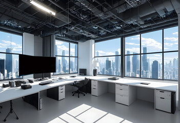 Fototapeta na wymiar unique workplace with empty white mock up computer laptop. smart Office concept. Creative workplace empty, elegant, copy space, Generative AI, illustration