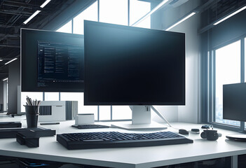 Naklejka premium unique workplace with empty white mock up computer laptop. smart Office concept. Creative workplace empty, elegant, copy space, Generative AI, illustration