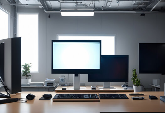 unique workplace with empty white mock up computer laptop. smart Office concept. Creative workplace empty, elegant, copy space, Generative AI, illustration