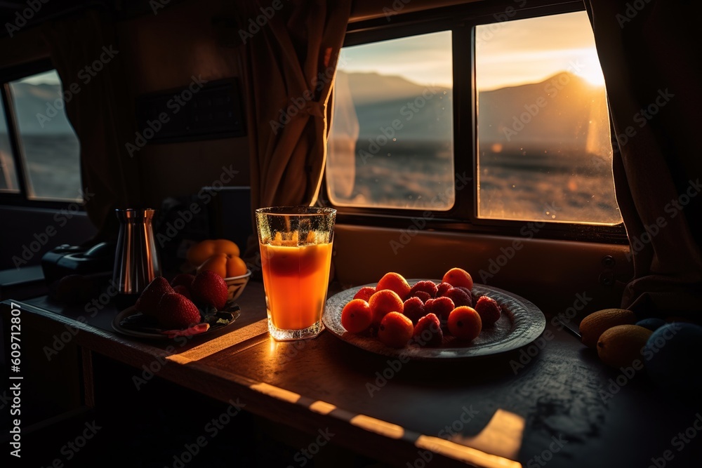 Poster a table with a bowl of fruit and a glass of juice in front of it generative ai