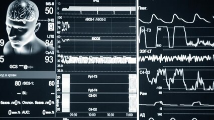 Patient monitor close-up. Monitor with different patient vital signs in hospitals. Image man, head, brains, lines, data, indicators, information. Modern medicine equipment tool. Medical monitor. ECG
