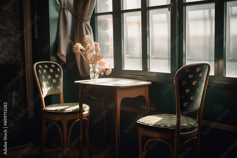 Aufkleber in front of the window there are two seats and a table. generative ai