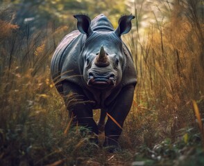 Rhino walking through tall grass 