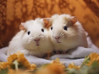 A pair of white cuddly guinea pigs 
