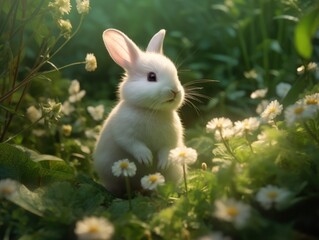 Fototapeta premium A little white rabbit on green grass and flowers