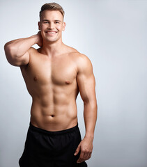 Portrait, happy man and bodybuilder with abs on studio background, backdrop and topless pride on mockup. Strong male model, sexy sports athlete and smile for fitness, personal trainer and confidence - obrazy, fototapety, plakaty