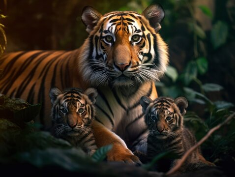 Photo tiger with cute baby illustration 

