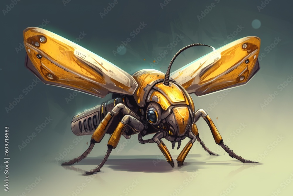 Poster a huge bug that is yellow in color and has a long antenna. generative ai