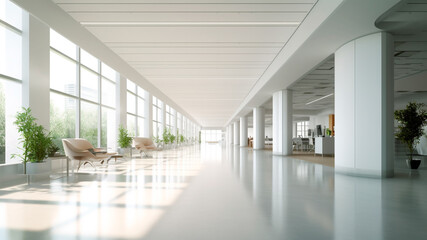 Modern office with expansive windows, natural light flood space. Generative AI