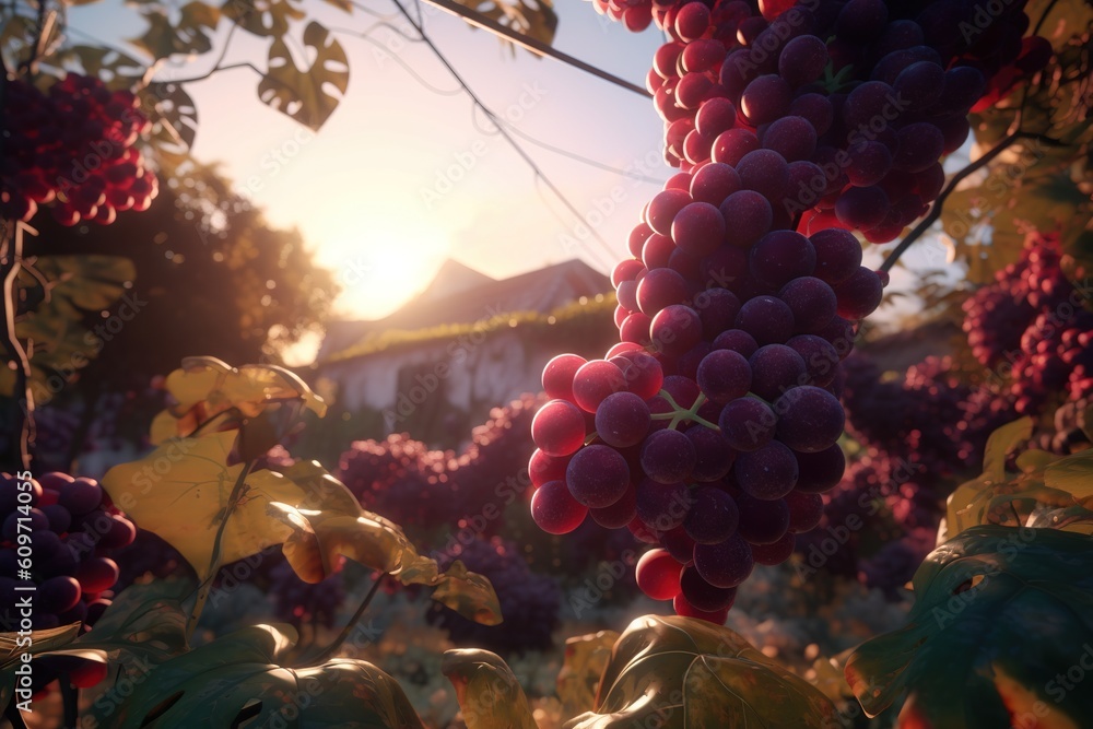 Poster grapes strung together and dangling on a branch of a tree generative ai