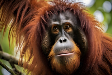 Fototapeta premium Bornean orangutan, posing for portrait with genlte look on his face, Generative AI