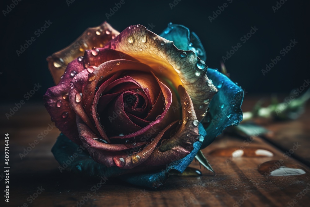 Poster a rose that is now positioned on top of a table Generative AI