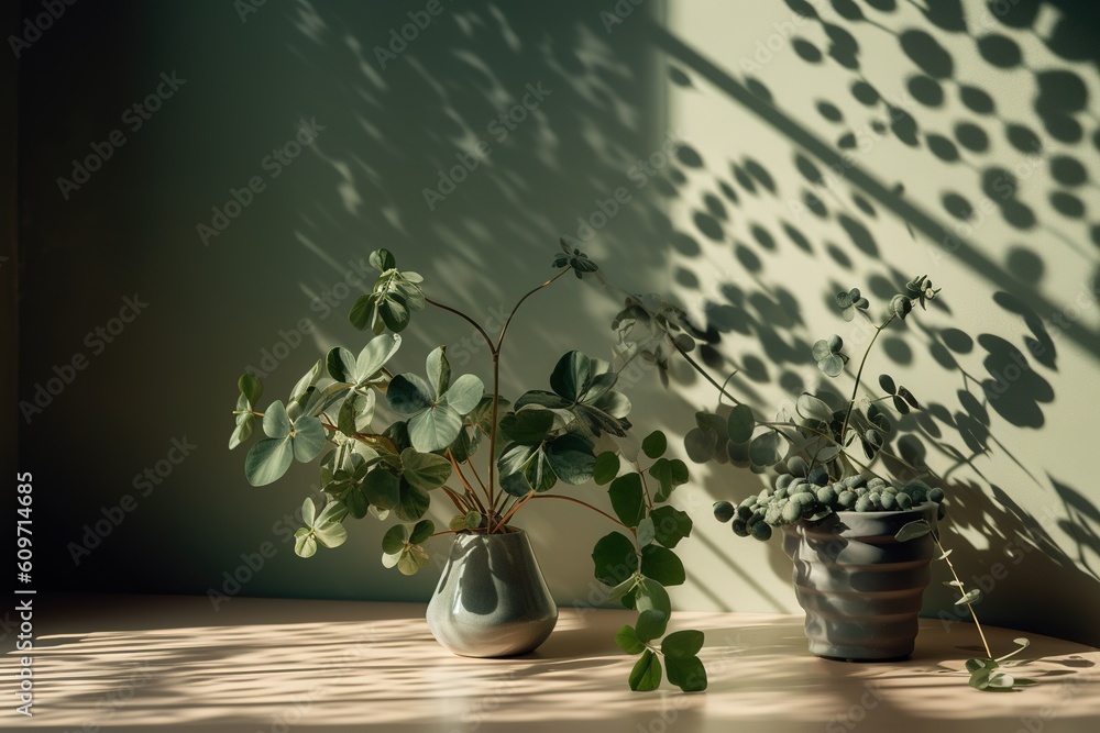 Poster a few flowering plants kept in containers and placed on top of a table generative ai