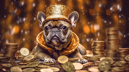 Generative AI. A gentleman French Bulldog in a nice suit with a hat is sitting among gold and with bundles of money - obrazy, fototapety, plakaty