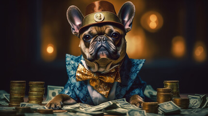 Generative AI. A gentleman French Bulldog in a nice suit with a hat is sitting among gold and with bundles of money