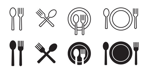 Fork & spoon icon vector set. Restaurant utensil symbol. Dinner dish or plate with spoon and fork sign outline for apps and websites. - obrazy, fototapety, plakaty