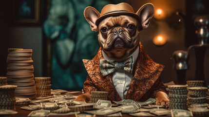 Generative AI. A gentleman French Bulldog in a nice suit with a hat is sitting among gold and with bundles of money