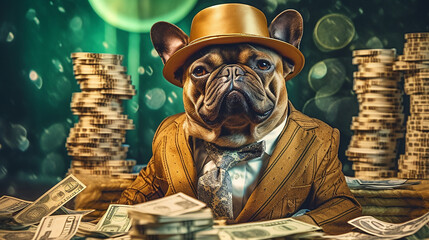 Generative AI. A gentleman French Bulldog in a nice suit with a hat is sitting among gold and with bundles of money