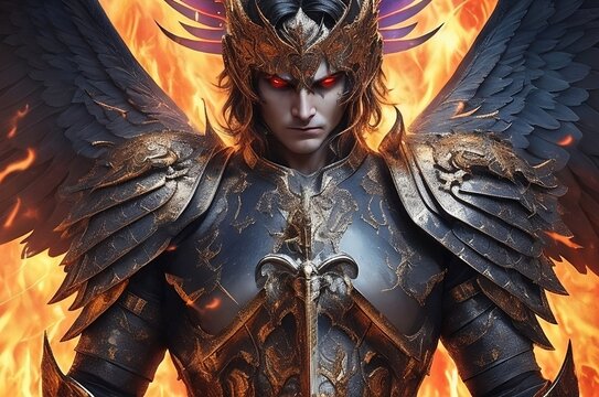 Unleash the fiery rebellion of Lucifer, the fallen angel, through our captivating image. Experience the intricate details and enigmatic allure of this iconic figure from mythology. AI-generative