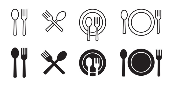 Fork & spoon icon vector set. Restaurant utensil symbol. Dinner dish or plate with spoon and fork sign outline for apps and websites.
