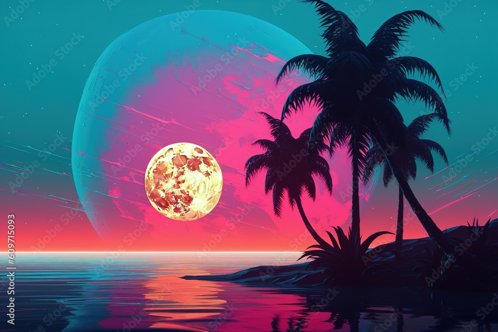 Poster a picture of a full moon with palm palms as the focal point generative ai