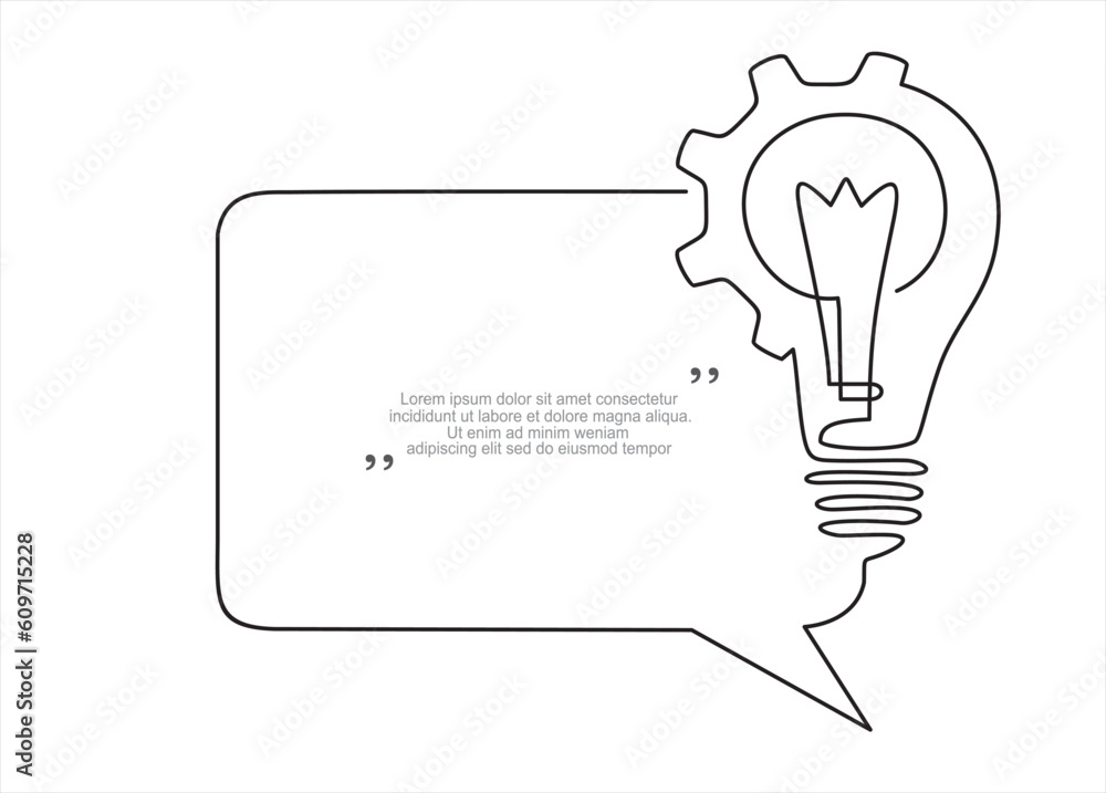 Poster quick tips.continuous one line drawing of lightbulb with cogwheel and speech bubble. trendy line art