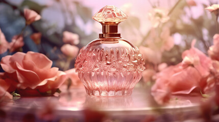 Obraz na płótnie Canvas Romantic Perfume Bottle with Rose Petals. Created with Generative AI