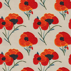 Embroidery poppies seamless pattern. Vintage style flower repeating fabric background. Generative AI