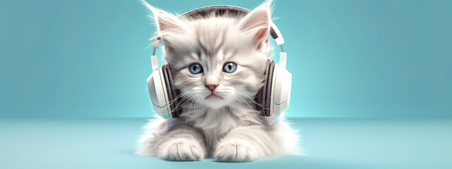 cute small cat with headphones listen music, banner, made with Generative AI