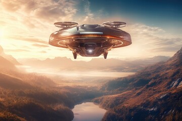 Atmospheric scene featuring a futuristic flying car soaring through the sky. Generative AI