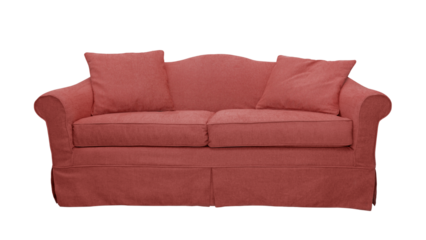 Red sofa with two pillows isolated on white, transparent background, PNG. Classic english style two seater cushion couch with upholstery cover, front view