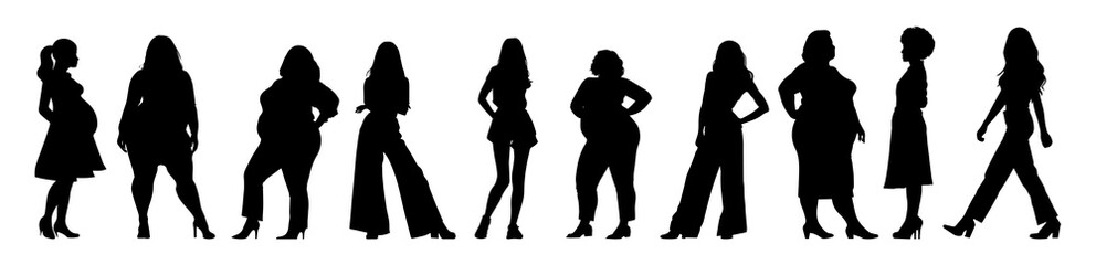 Vector illustration. Big set of female silhouettes. Different woman in various poses. Different physique.