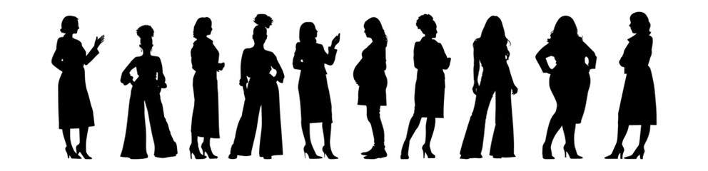 Vector illustration. Big set of female silhouettes. Different woman in various poses. Different physique.