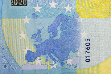European cash banknotes with a face value of 20 euros close-up