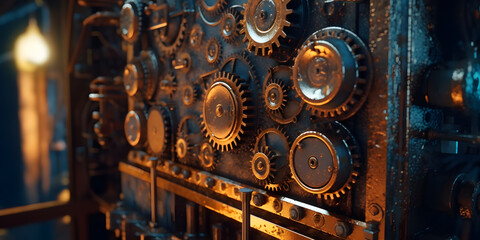 Steampunk Background with Rusty Gears and Engines. Industrial Background. Generative AI