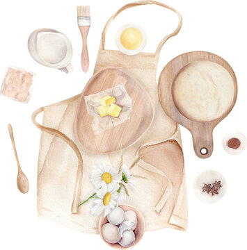 Watercolor Compositions With Apron, Fresh Bread, Baking Ingredients And Tools