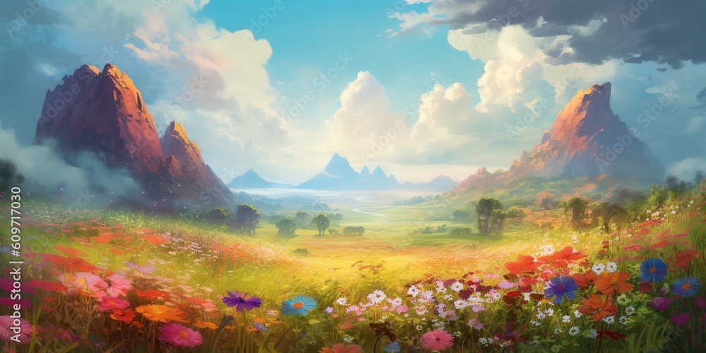 Poster an image depicting a mountainous landscape in the backdrop of a field of flowers generative ai