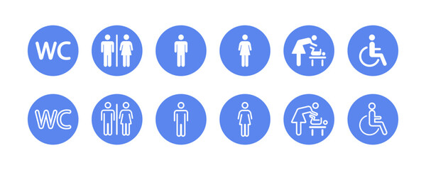 WC sign. Toilet  vector icons on blue background. Blue pictogram with restroom and bathroom. Toilet for male, female, invalid.