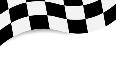 Finishing flag with shadow on white background. Black and white checkered wavy race flag. Vector 10 Eps.