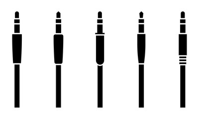 Set of audio jack vector icons. Black silhouette with cable or wire with audio jack connector. Vector 10 Eps.