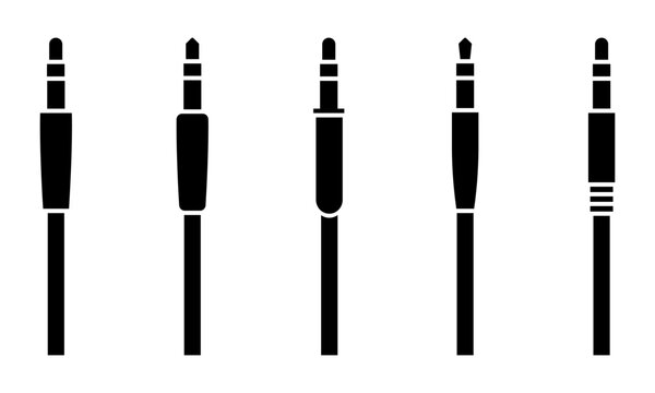Set of audio jack vector icons. Black silhouette with cable or wire with audio jack connector. Vector 10 Eps.