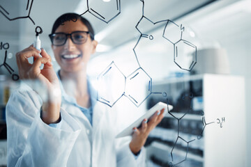 Science, equation and woman writing chemistry formula for medical research, analysis and medicine...