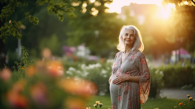 Happy Smiling Pregnant Old Woman Walking In Green Park, Geriatric Pregnancy Concept, Joyful Old Woman Waiting Birth Of Baby, Elderly Mother With Pregnant Belly, Advanced Maternal Age, Generative AI