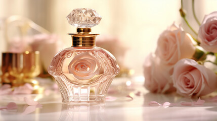 Obraz na płótnie Canvas Romantic Perfume Bottle with Rose Petals. Created with Generative AI