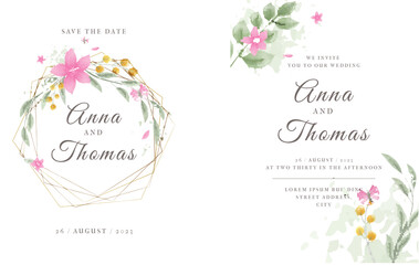 Watercolor wedding invitation template with flowers and leaves Vector illustration