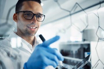 Science, research and man with chemistry equation for medical analysis, formula or solution....