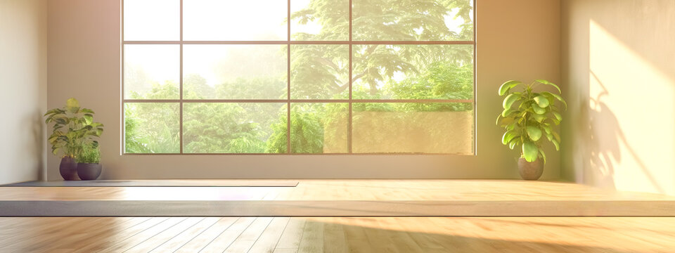exercise hall with large windows and flowers for practicing yoga and pilates, relaxation room, group activities, banner with copy space, made with Generative AI