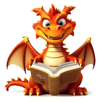 3d rendered illustration of Dragon cartoon character with book and spell book. AI Generative